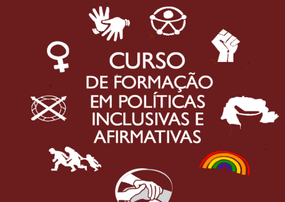 Imagem gráfica com fundo na cor  vinho. Ao centro da imagem, em branco: Curso de formação em políticas inclusivas e afirmativas. Esse título é circundado pelos logotipos das áreas de atuação da SIPAD. As logos aparecem na seguinte ordem: de migrantes e refugiados, de indígenas, de gênero, da Comunidade Surda, de Inclusão, de negros, de quilombolas, da comunidade LGBTI e diversidade, da área de apoio e acolhimento de denúncias.  